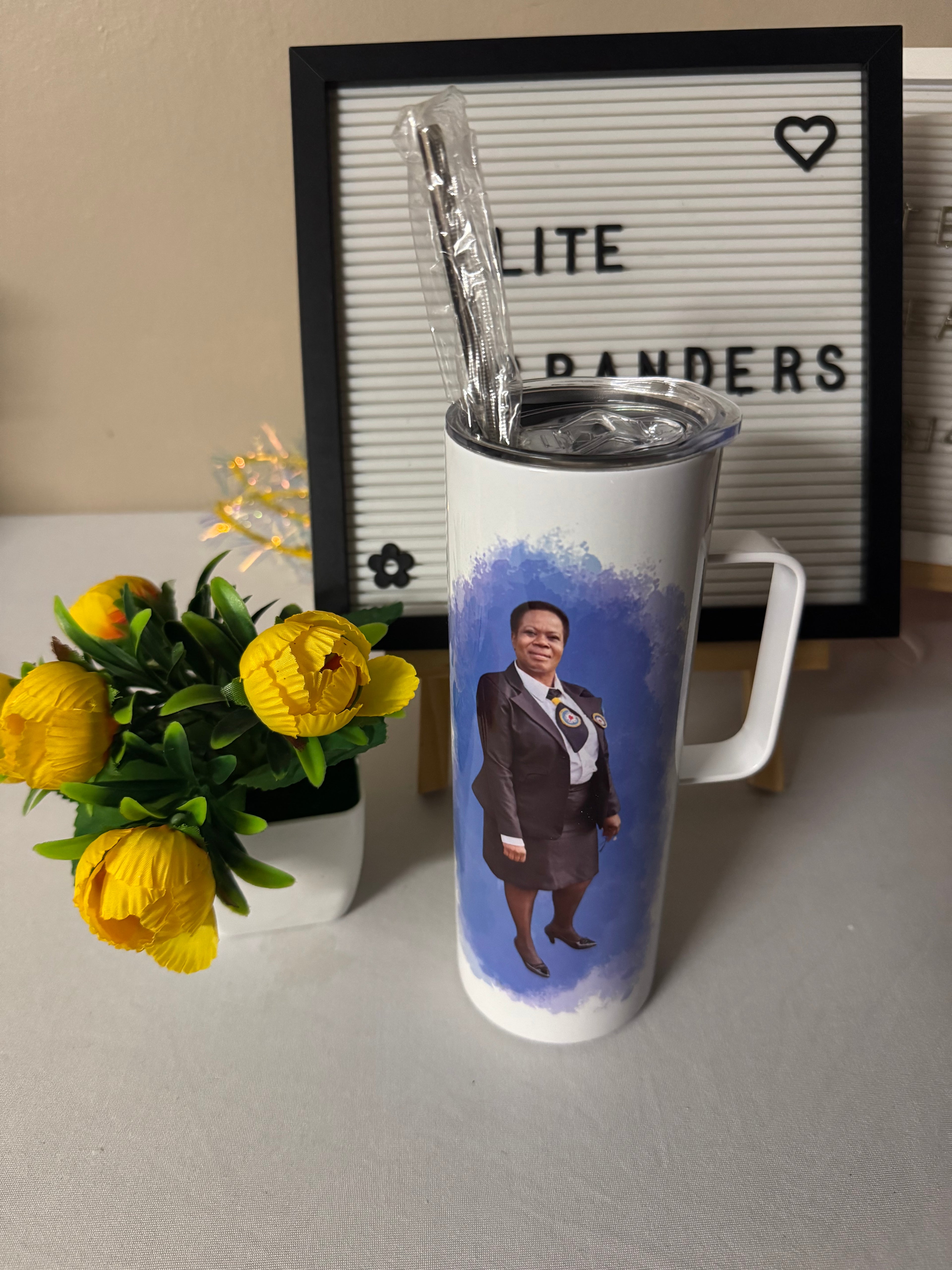 Custom tumbler with handle.